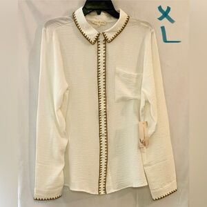 Elegant White Button-Down Shirt with Brown Trim